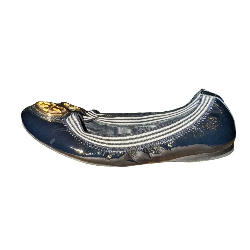 Tory Burch Caroline 2 Naplack Elastic Ballet Flats Women's 6 M Navy Blue Leather